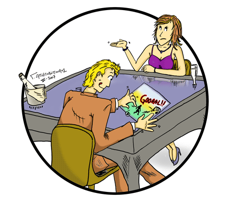 comic couple having problem with surface computer